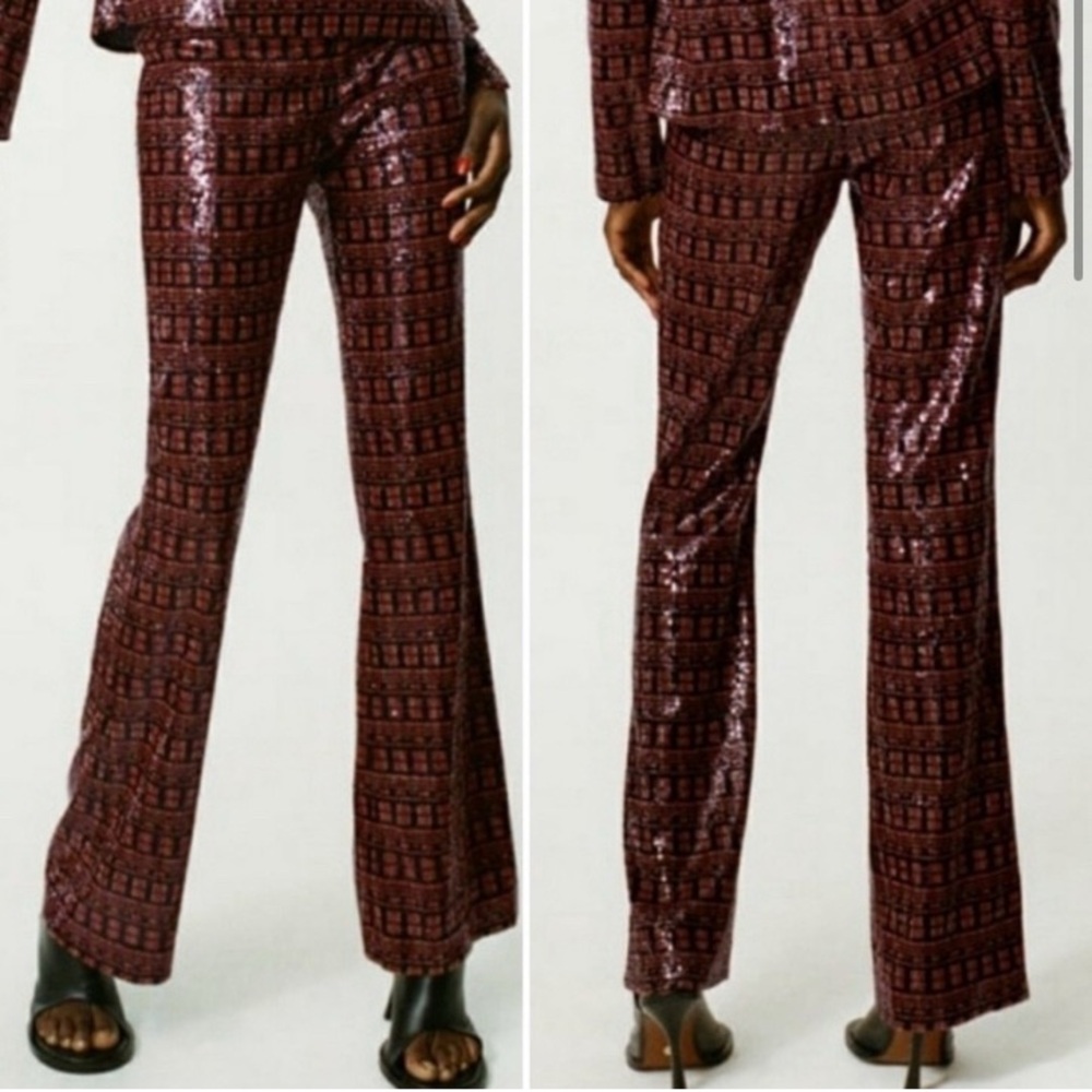 Zara Burgundy Patterned Sequin Boot-Cut Pants